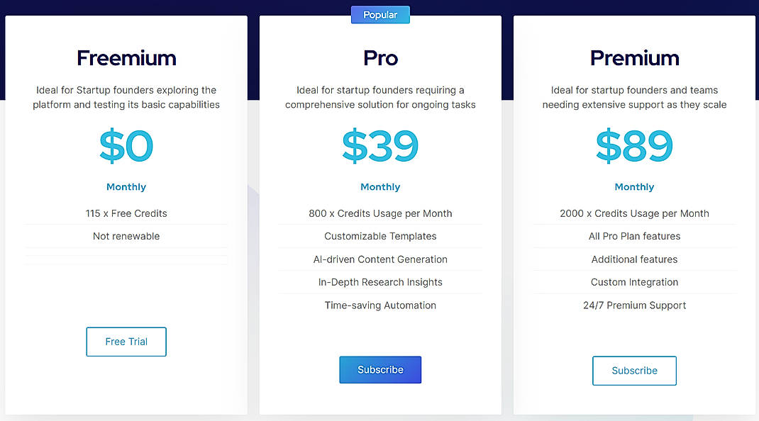 Pricing screenshot