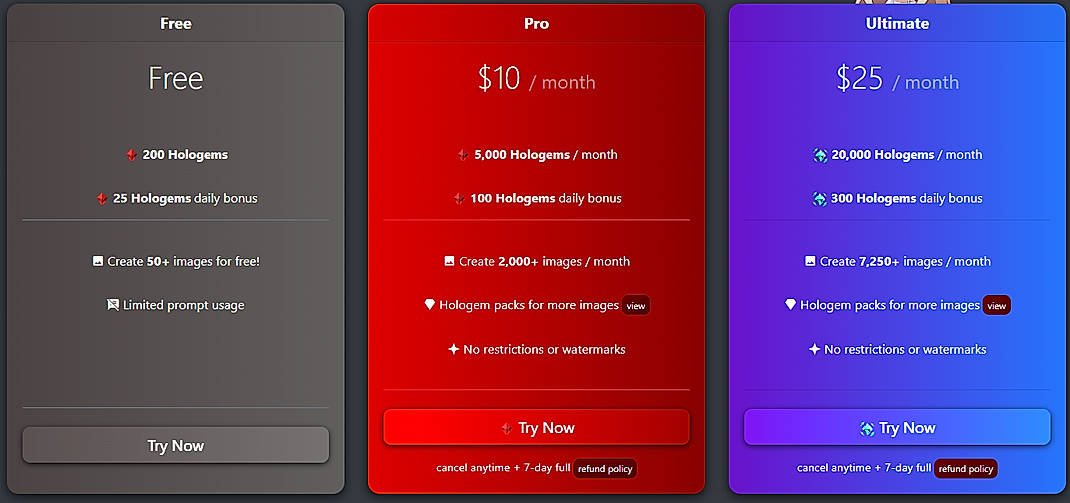 Pricing screenshot