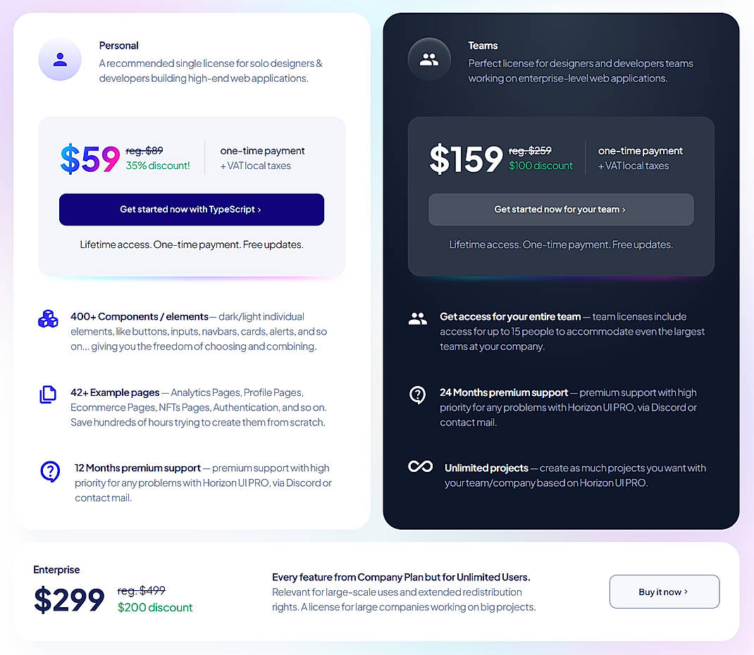 Pricing screenshot