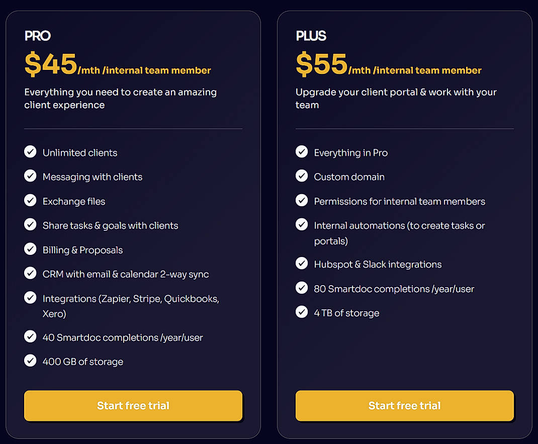 Pricing screenshot