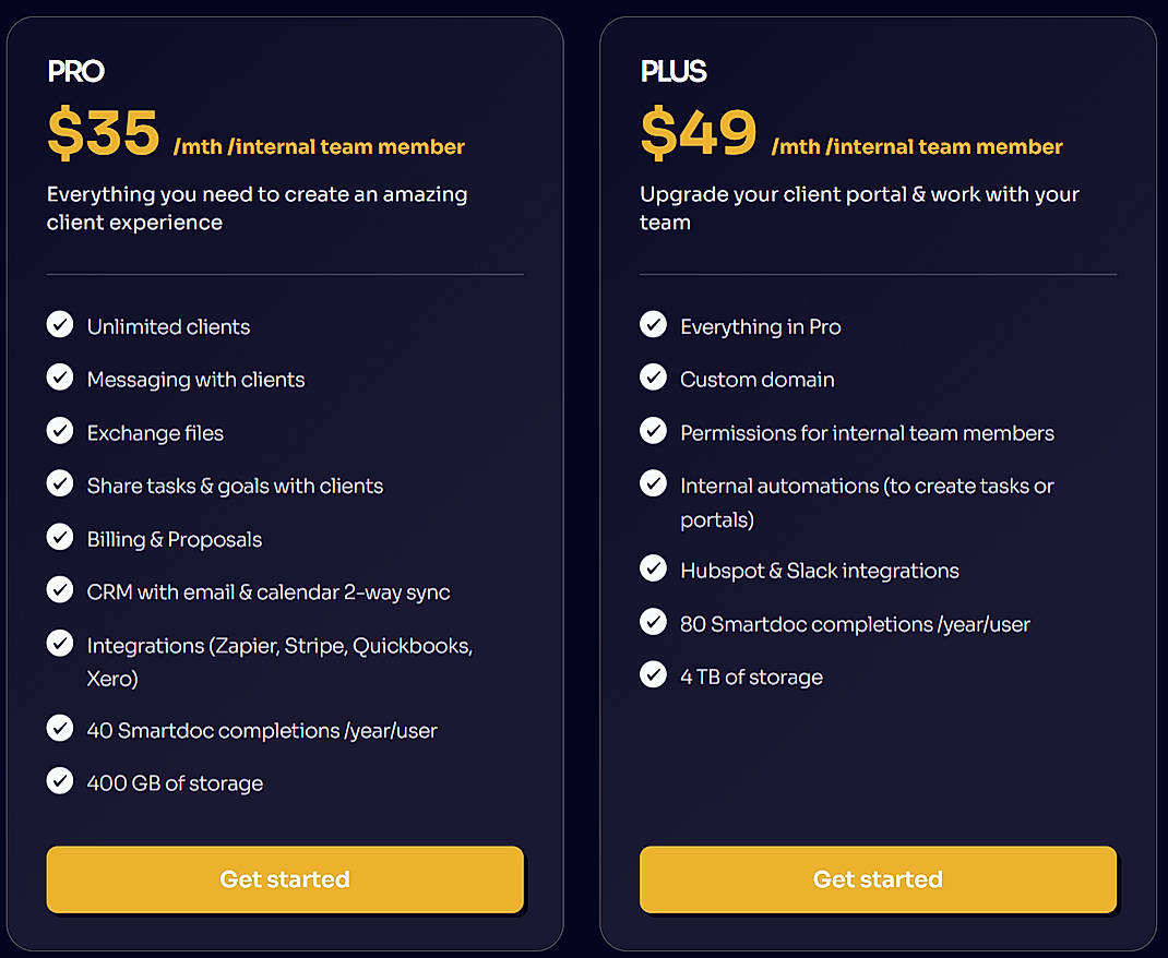 Pricing screenshot