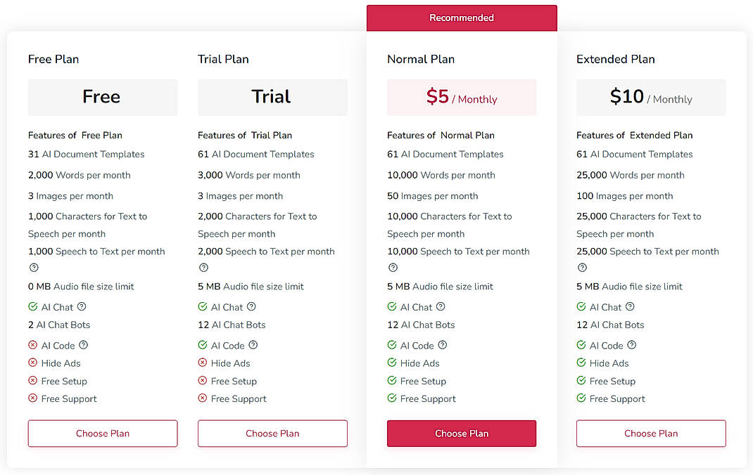 Pricing screenshot