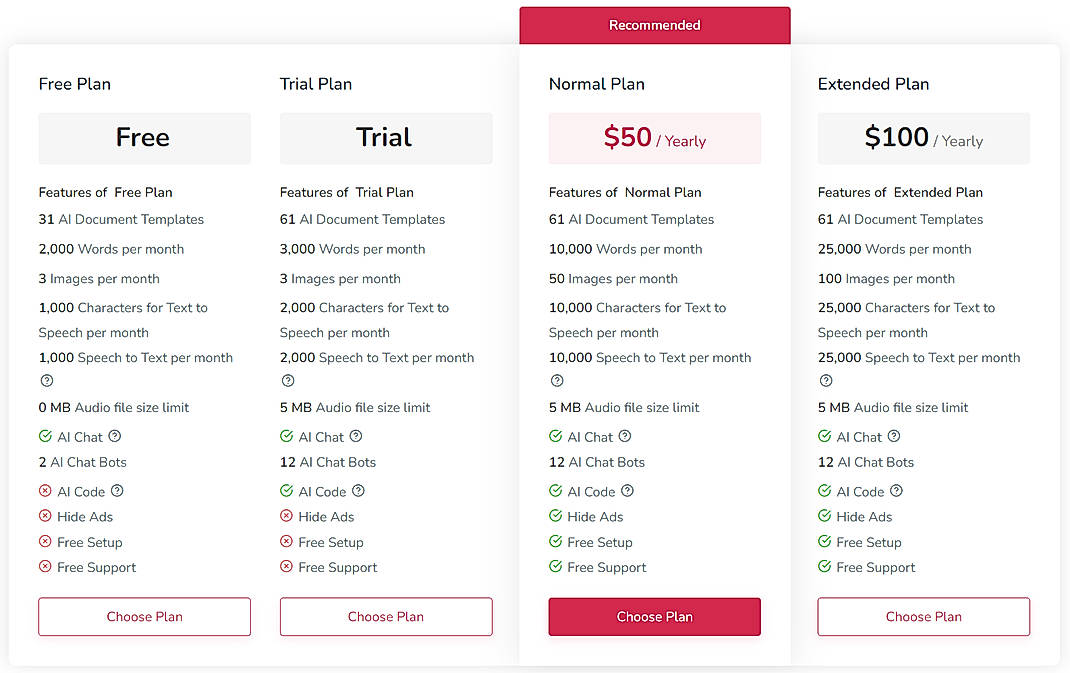 Pricing screenshot