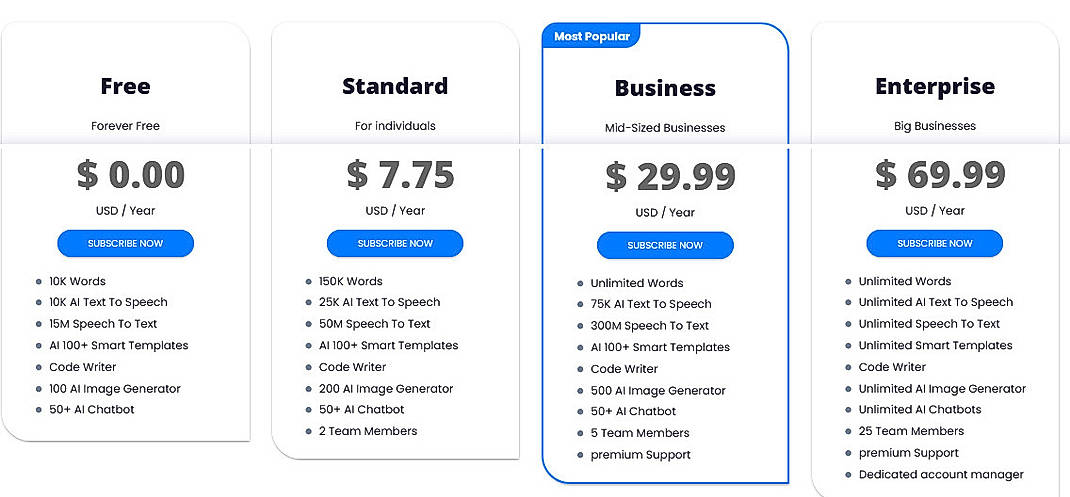 Pricing screenshot