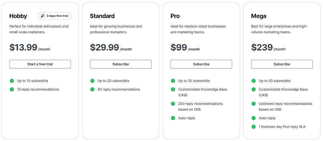 Pricing screenshot