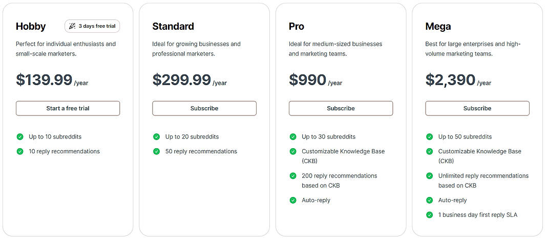 Pricing screenshot