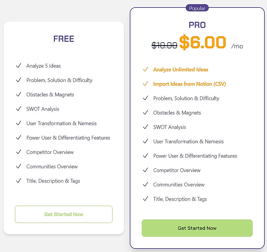 Pricing screenshot