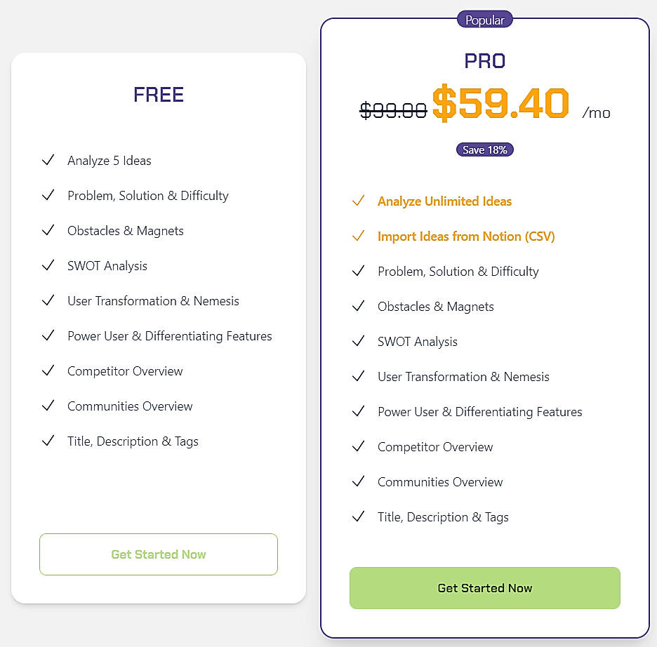 Pricing screenshot