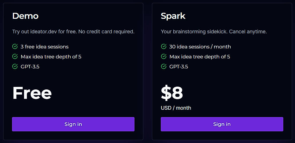Pricing screenshot