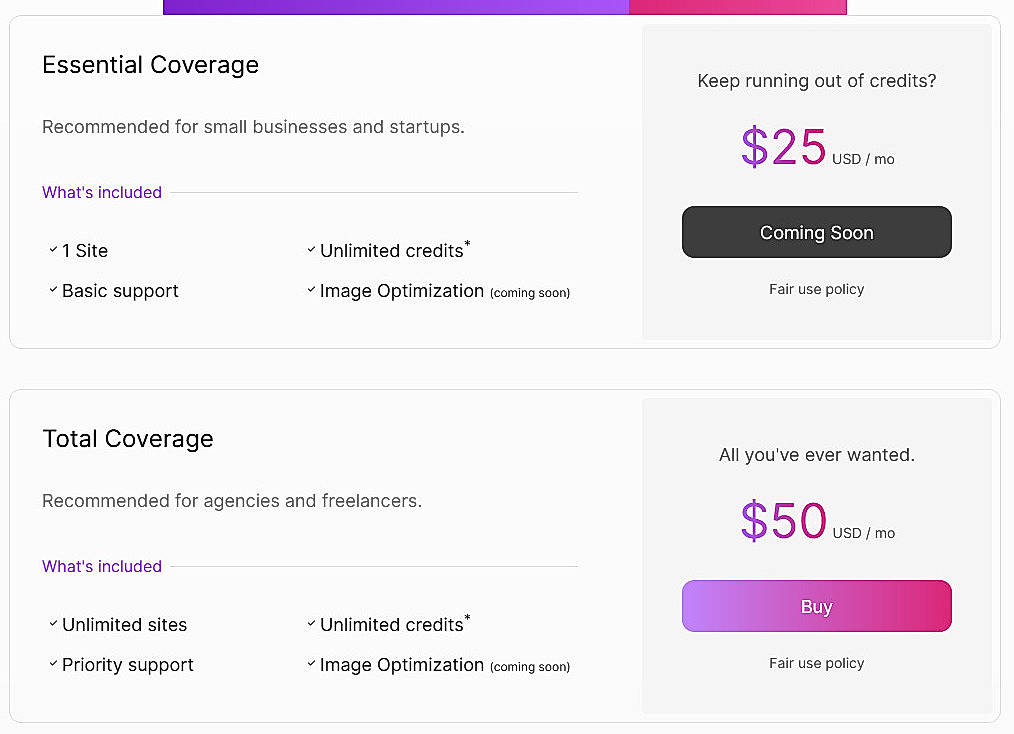 Pricing screenshot