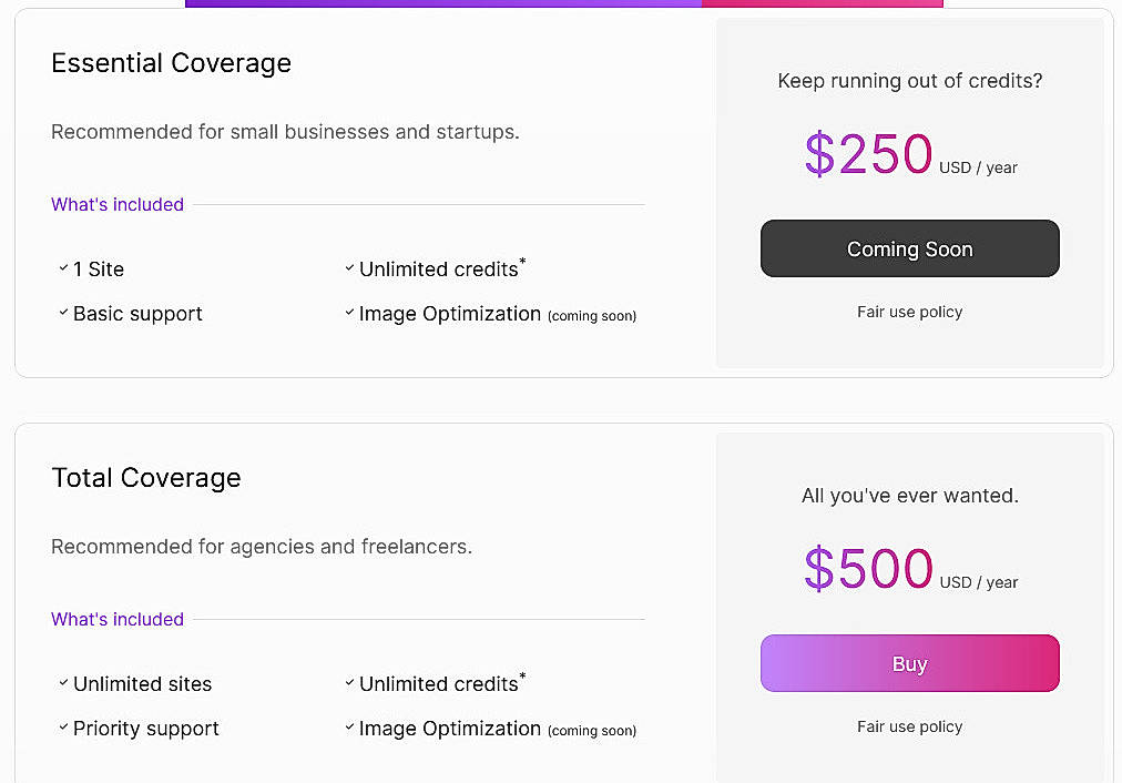 Pricing screenshot
