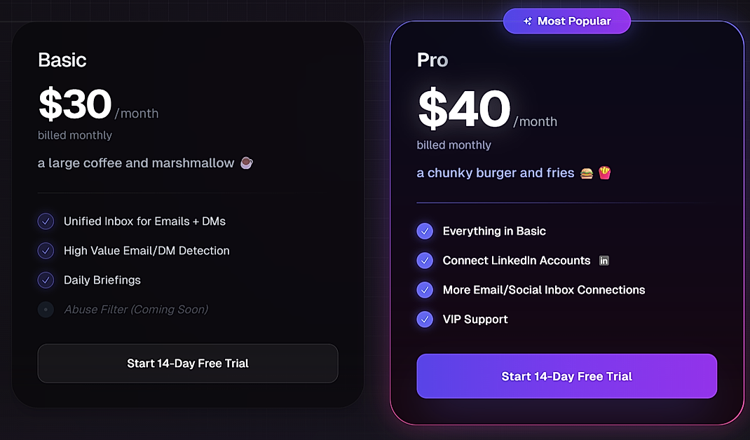Pricing screenshot