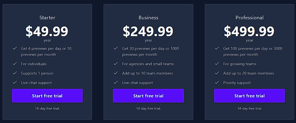 Pricing screenshot
