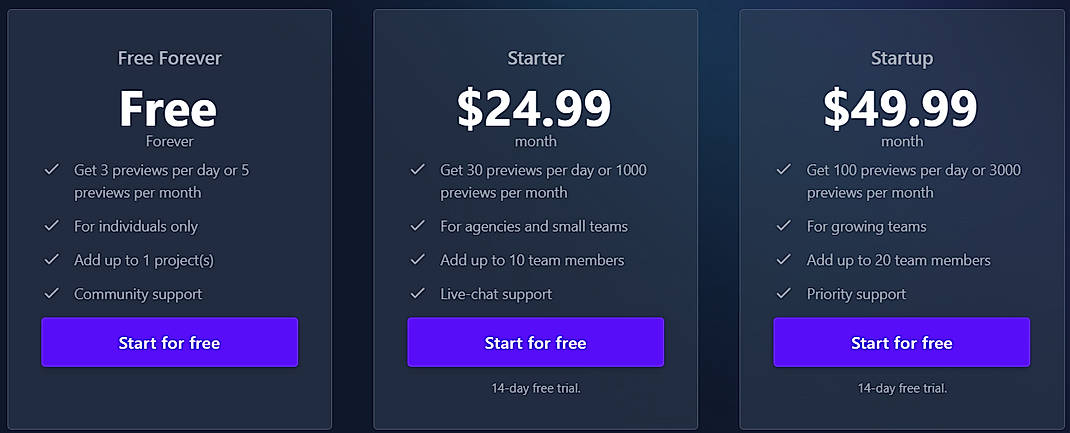Pricing screenshot