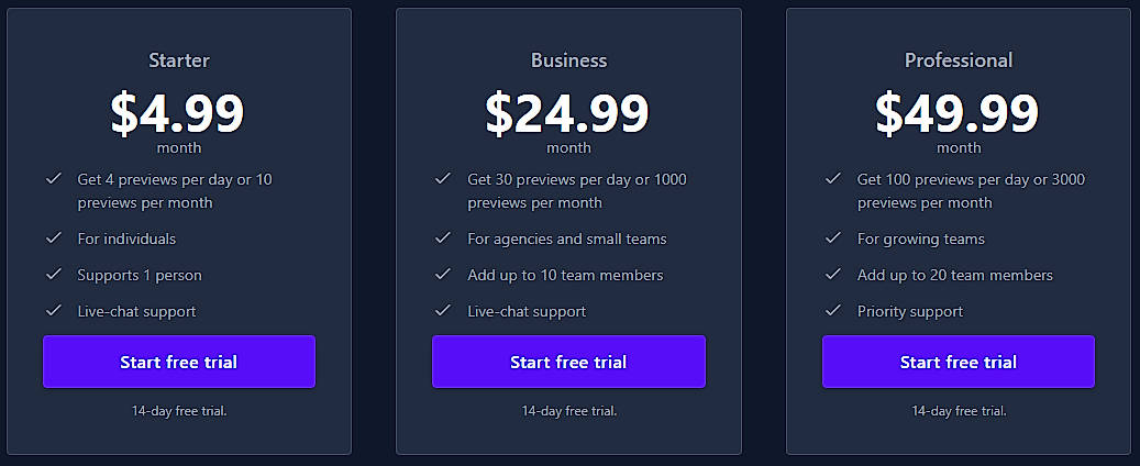 Pricing screenshot