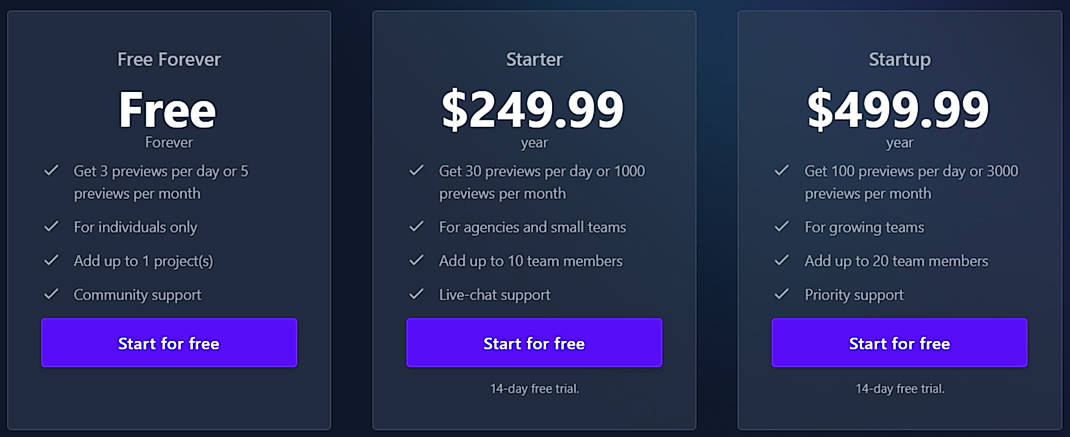 Pricing screenshot