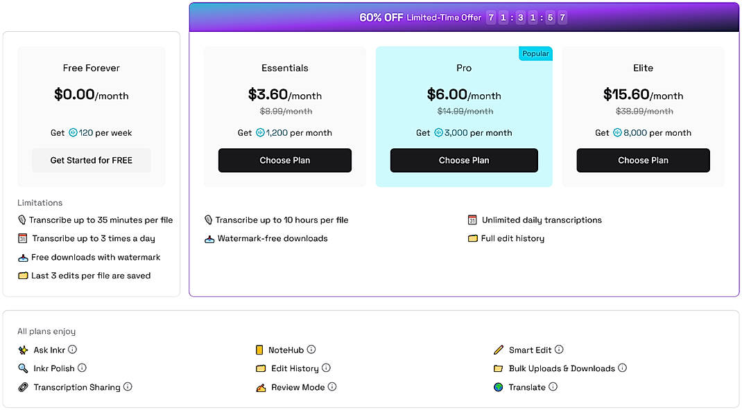 Pricing screenshot