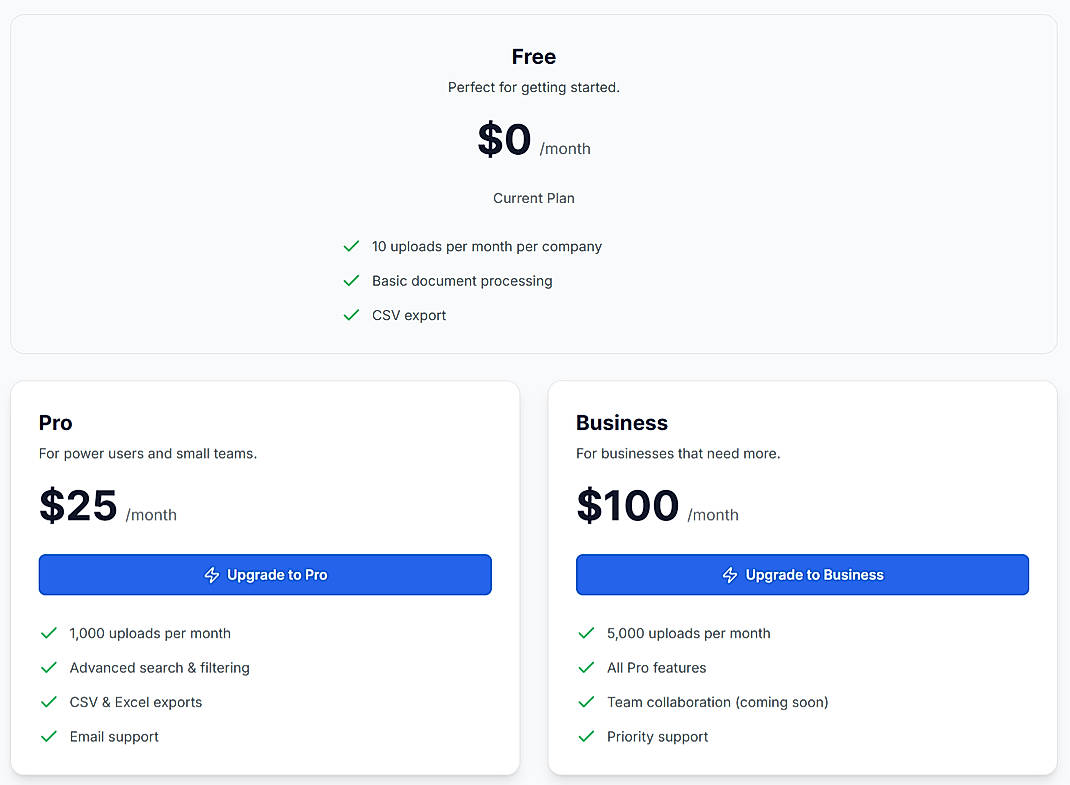 Pricing screenshot