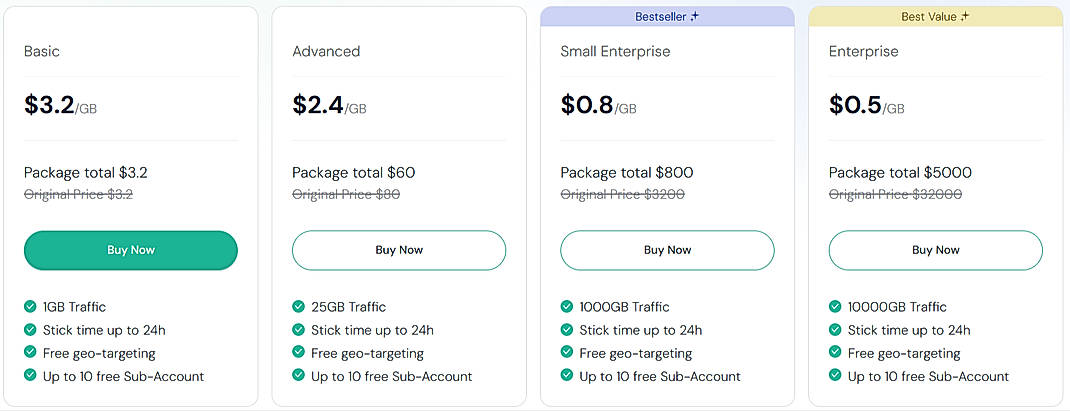 Pricing screenshot