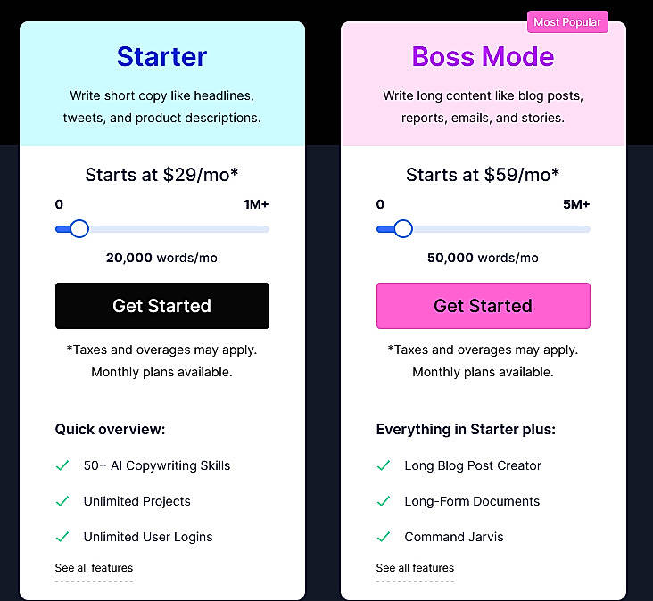 Pricing screenshot