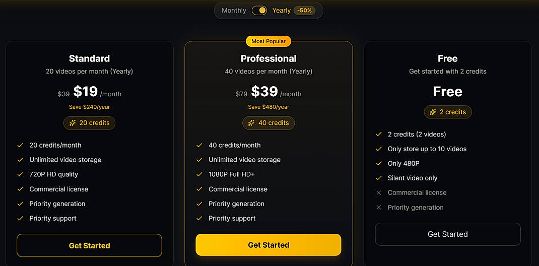 Pricing screenshot