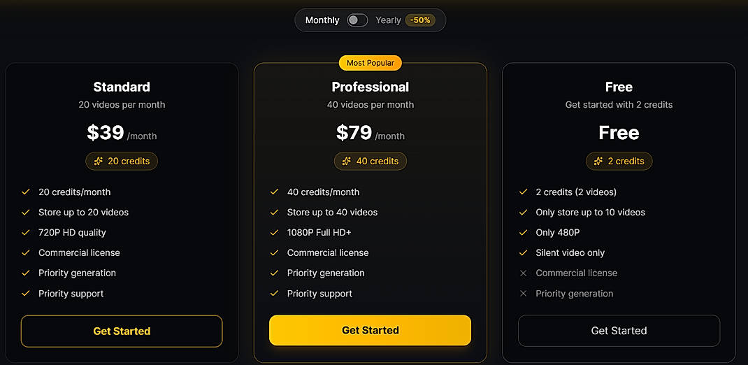 Pricing screenshot