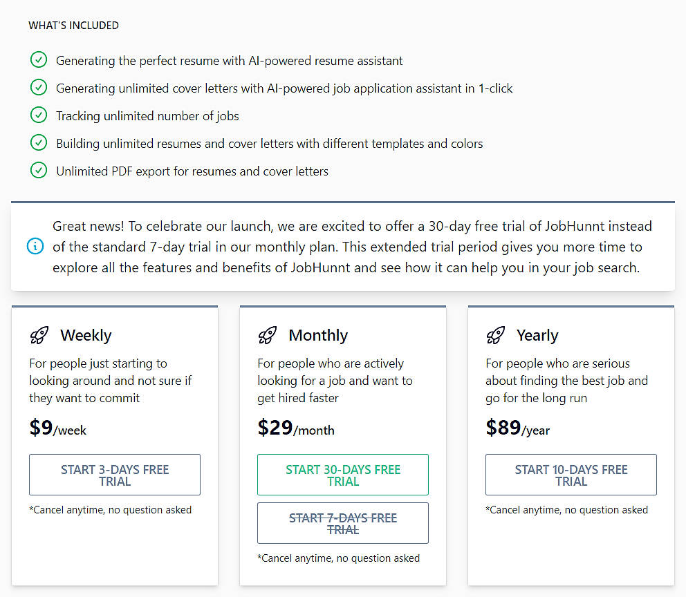 Pricing screenshot