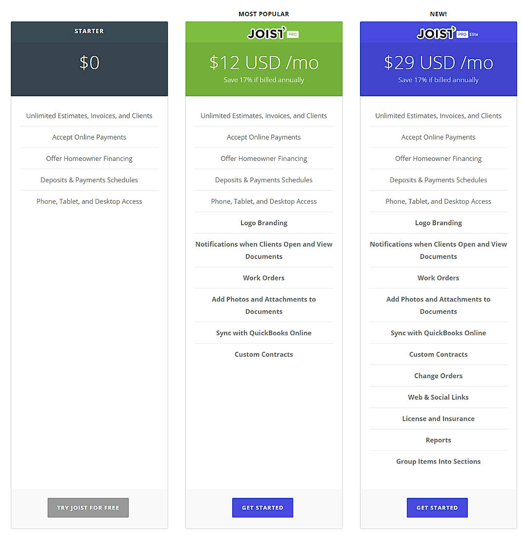 Pricing screenshot