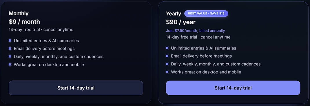 Pricing screenshot
