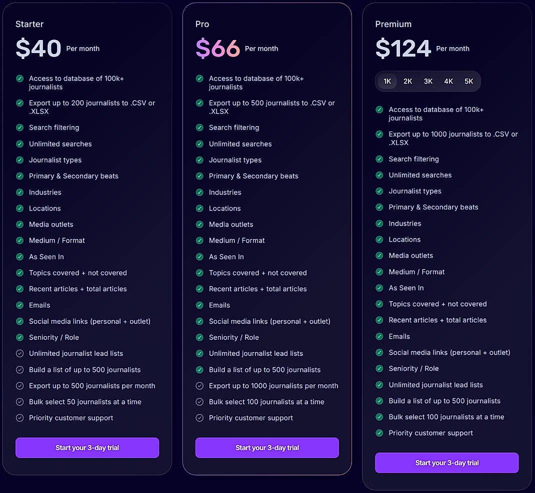 Pricing screenshot
