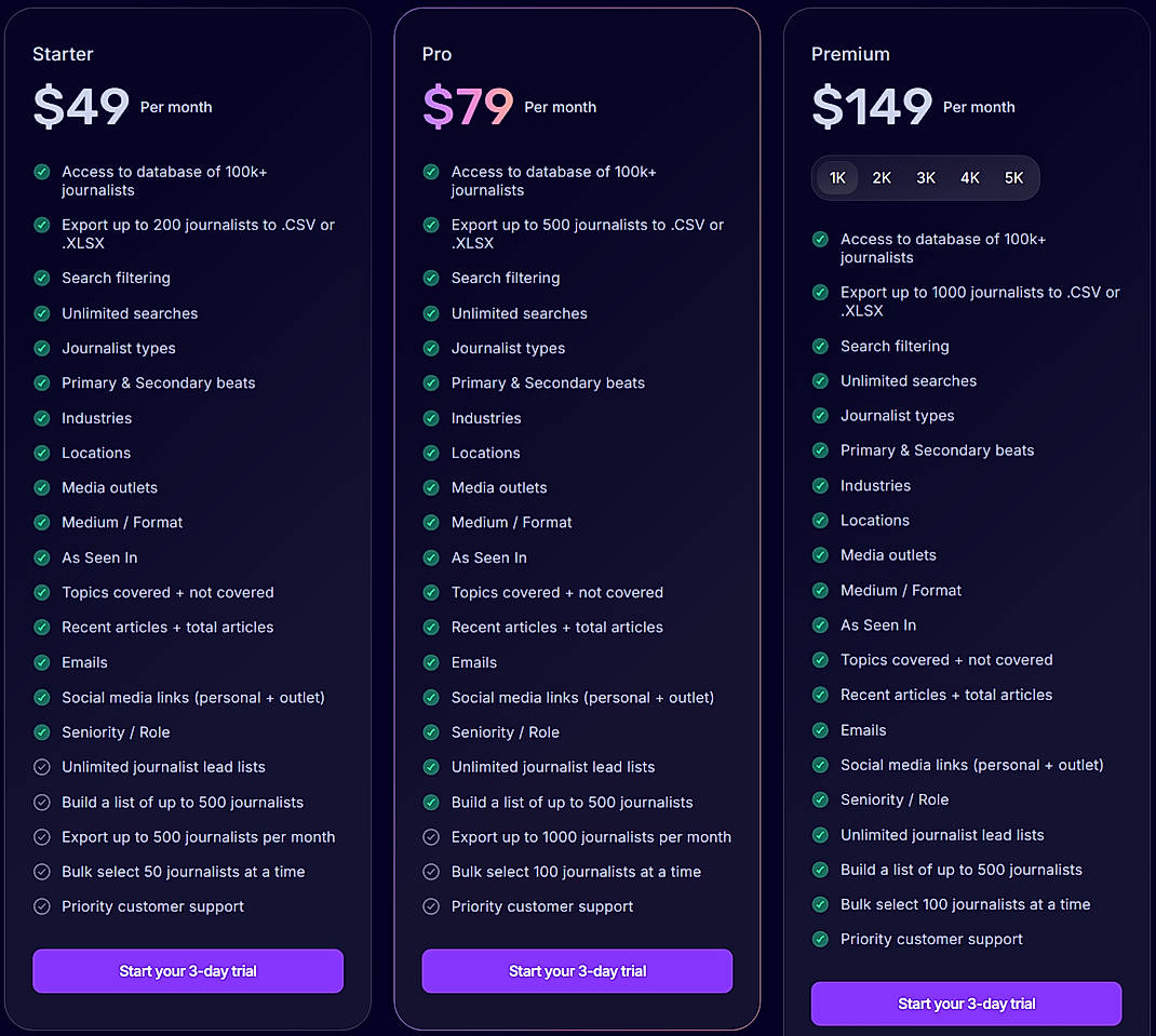 Pricing screenshot