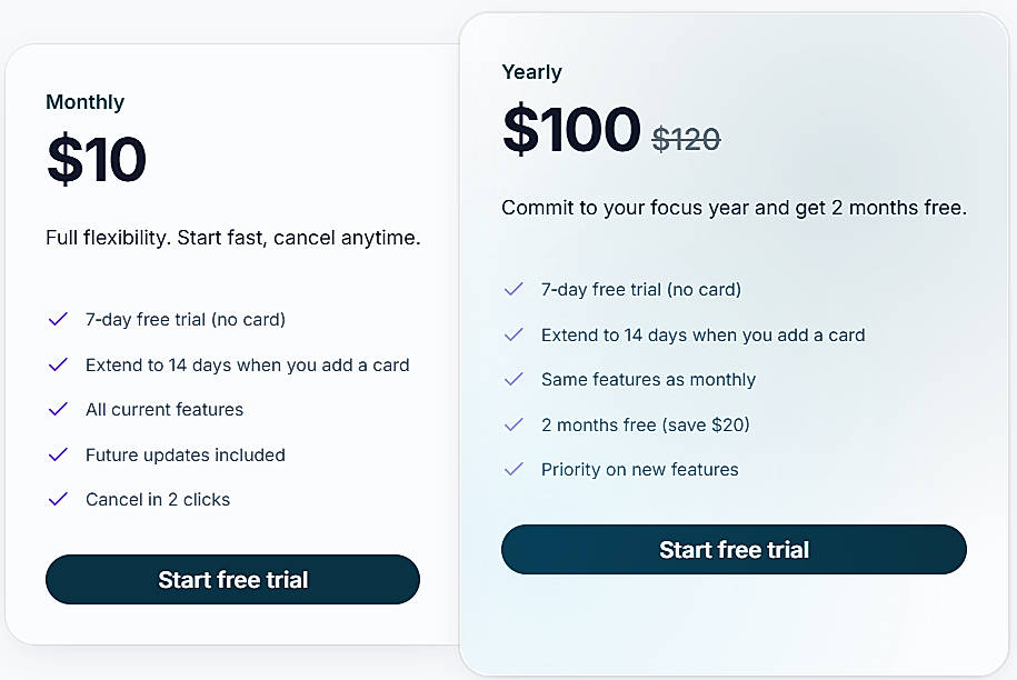 Pricing screenshot