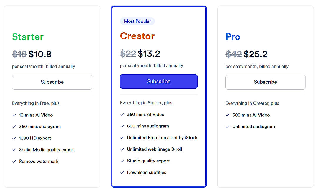 Pricing screenshot