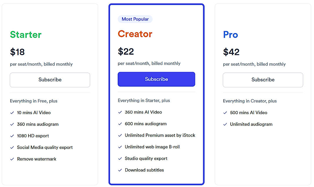 Pricing screenshot