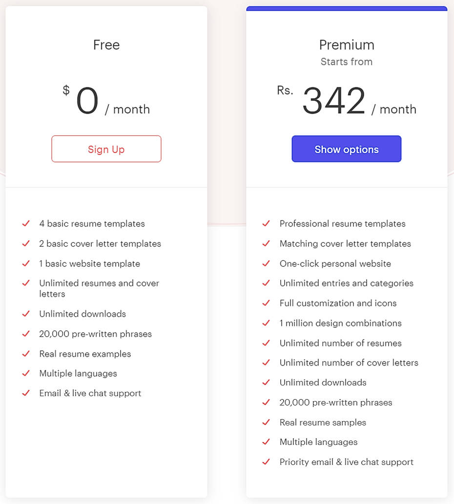 Pricing screenshot