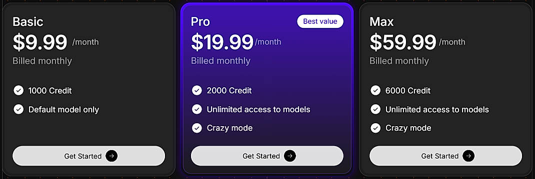 Pricing screenshot