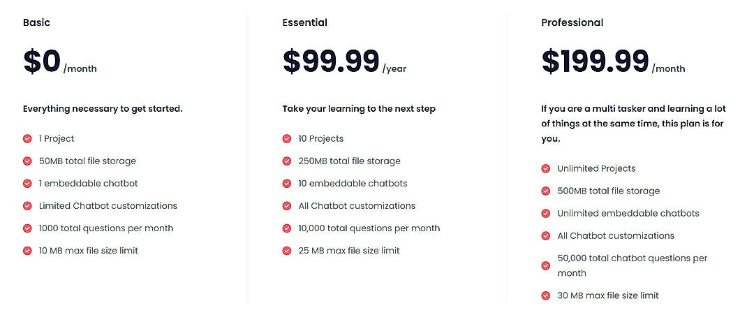Pricing screenshot