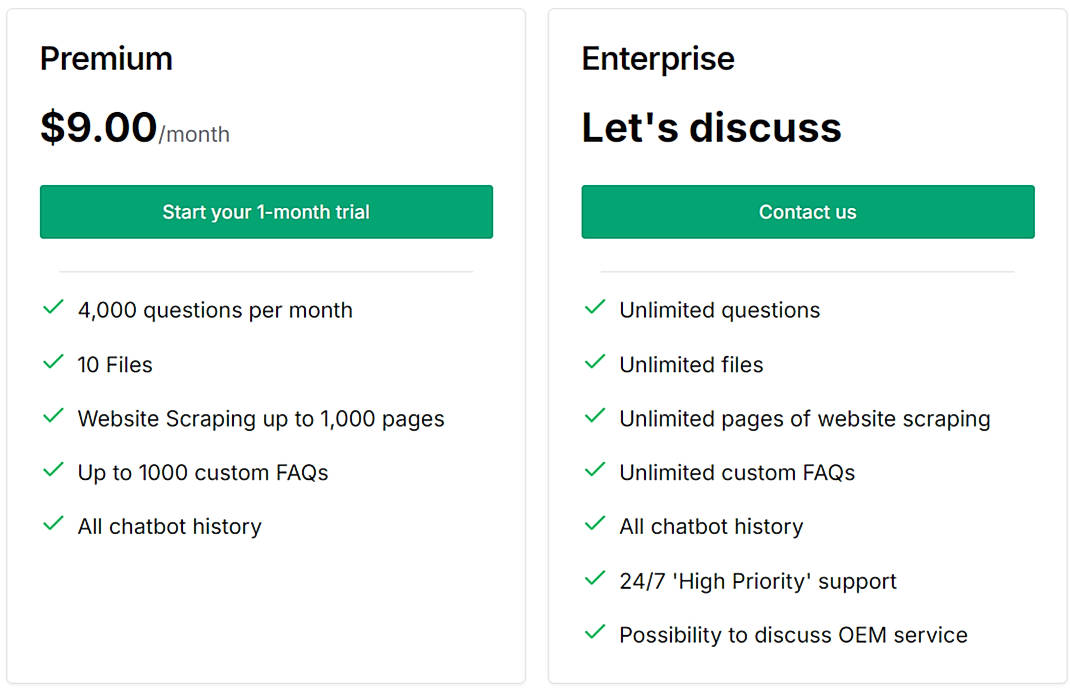 Pricing screenshot
