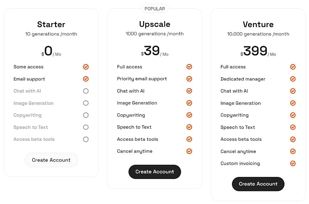 Pricing screenshot