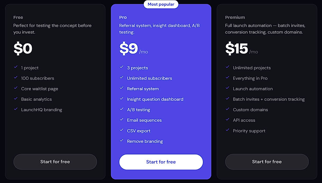 Pricing screenshot
