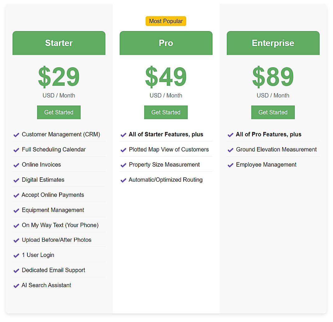 Pricing screenshot