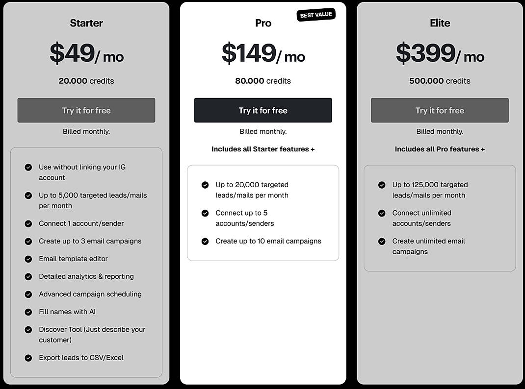 Pricing screenshot