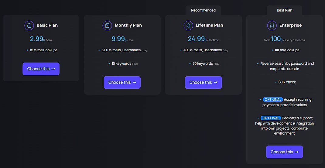 Pricing screenshot