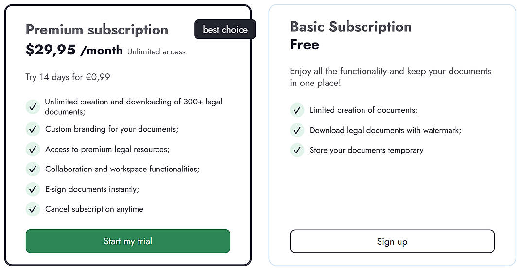 Pricing screenshot