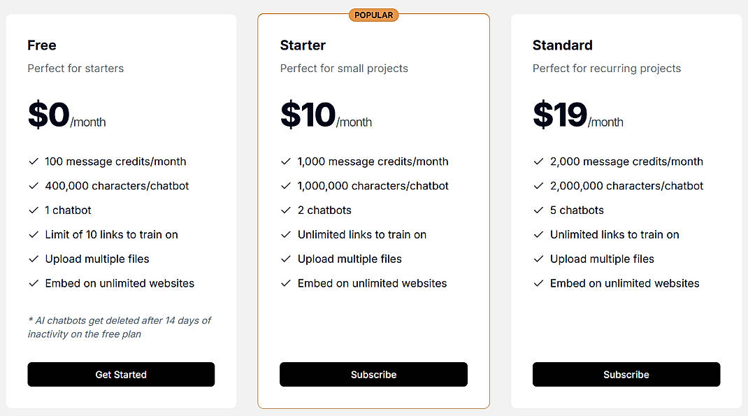 Pricing screenshot