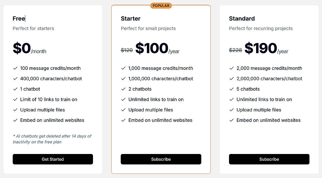 Pricing screenshot