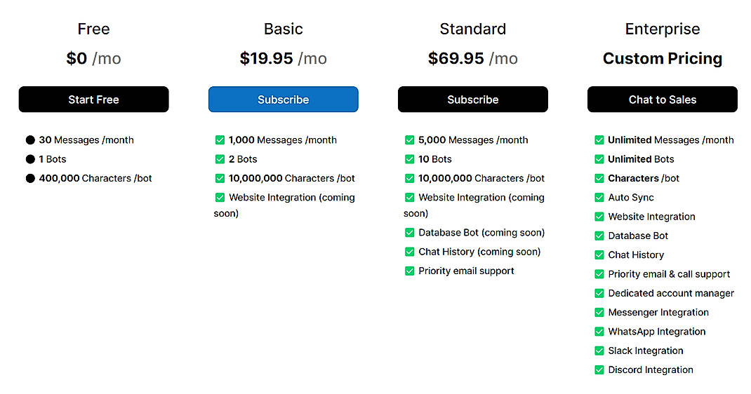Pricing screenshot