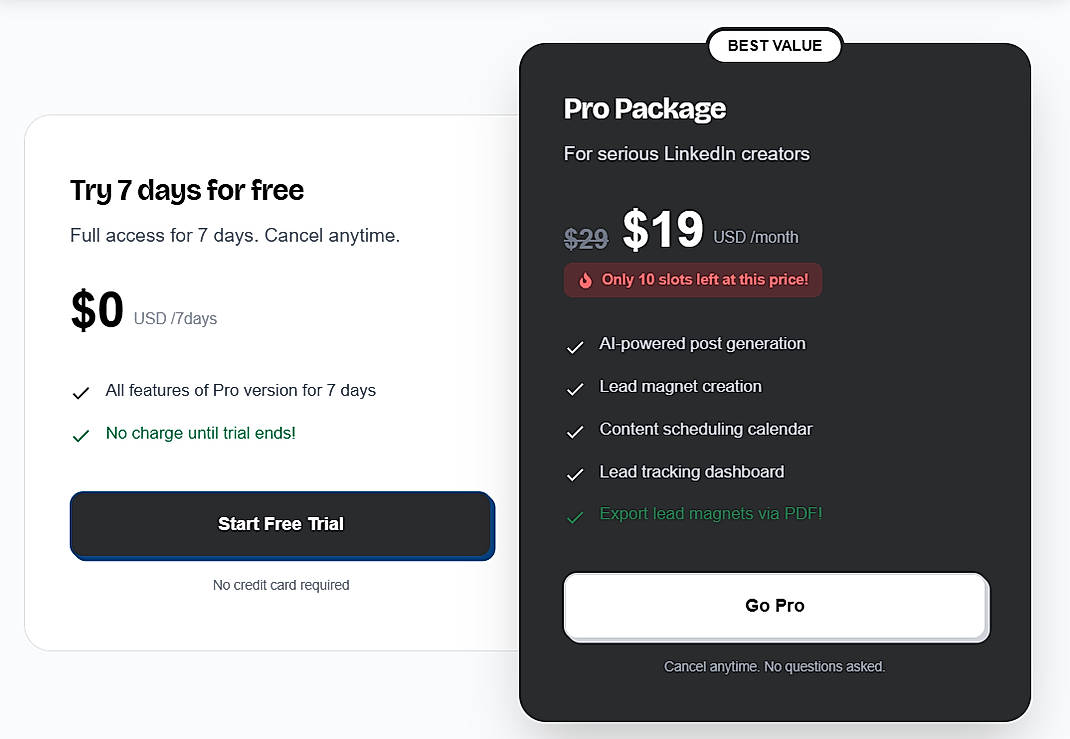 Pricing screenshot