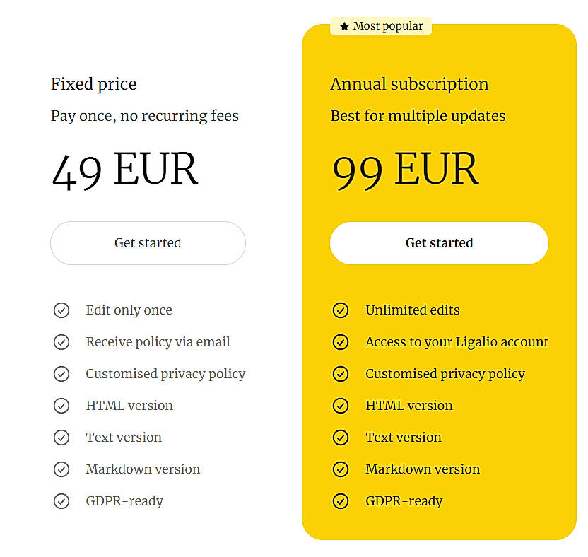 Pricing screenshot