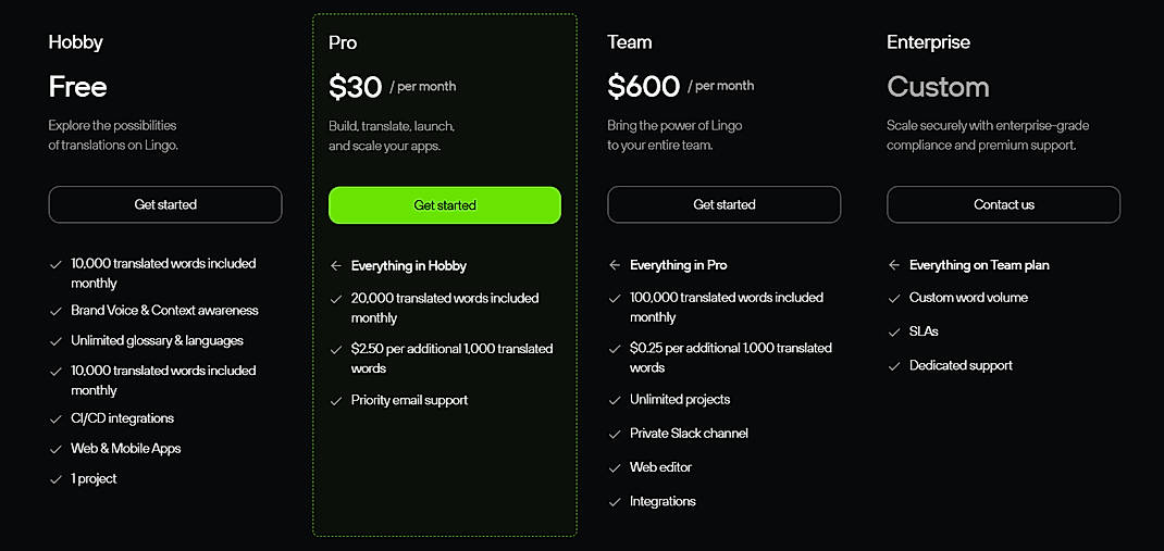 Pricing screenshot